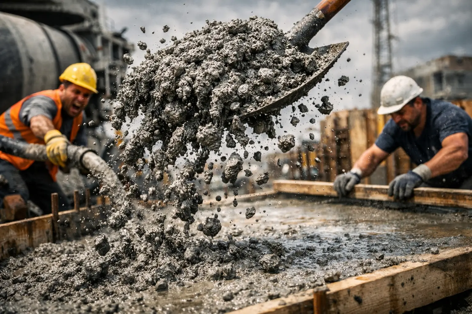 бетон падает с лопаты при строительных работах